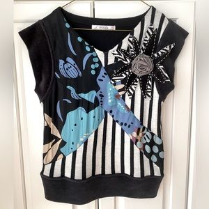 Vintage Jessica wool blend sweater vest black blue floral embellished women XS